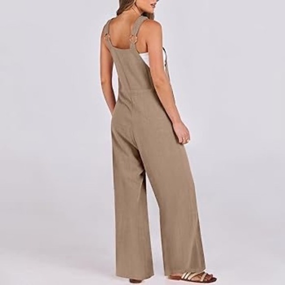 Exlura Pants - Womens Wide Leg Jumpsuit Overalls Jumpsuit Tan Brown V Neck Sleeveless Homestead